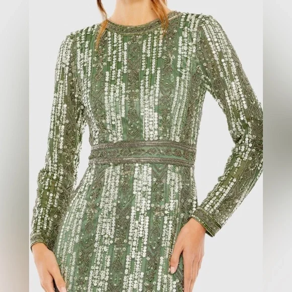 MAC DUGGAL 5981 NWT High Neck Long Sleeve Crystal Fringe Column Gown